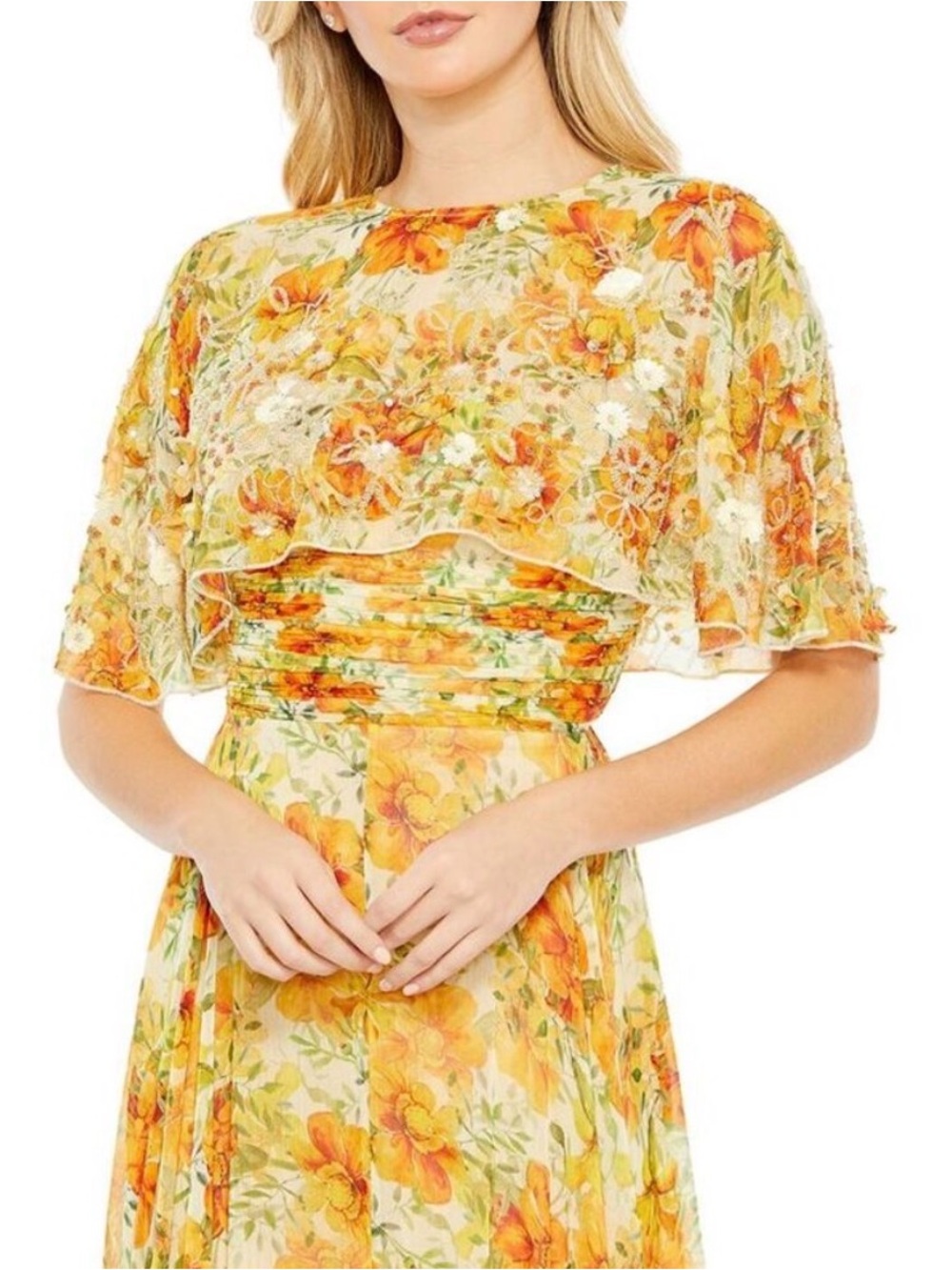 Mac Duggal -Yellow High Neck A-Line Floral Gown with Cape Sleeves